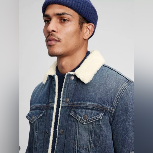 The GAP DENIM Medium Wash RARE Jean Shearling Sherpa Lined Trucker JACKET Sz XL - Picture 2 of 10
